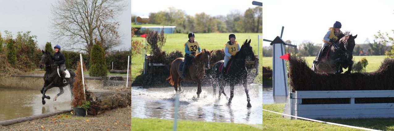 three images of people riding horses